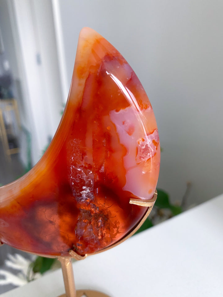Deep Red Carnelian Moon on Gold Stand 
