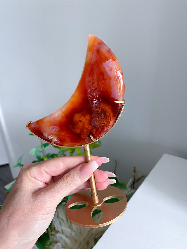 Deep Red Carnelian Moon on Gold Stand 