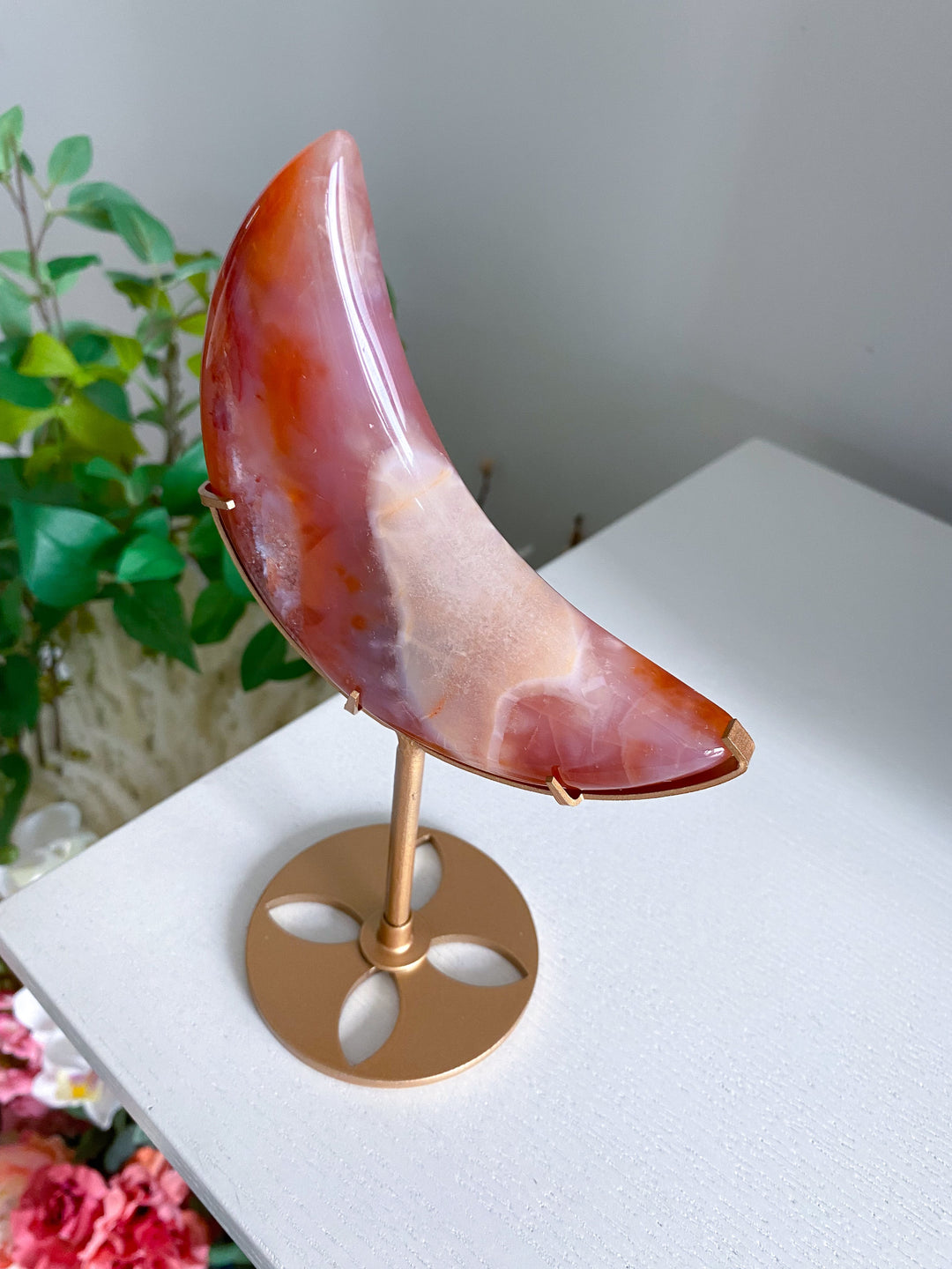 Deep Red Carnelian Moon on Gold Stand 