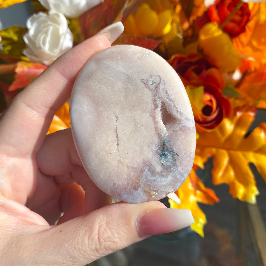 Thin Pink Amethyst Palm Stone with Druzy 