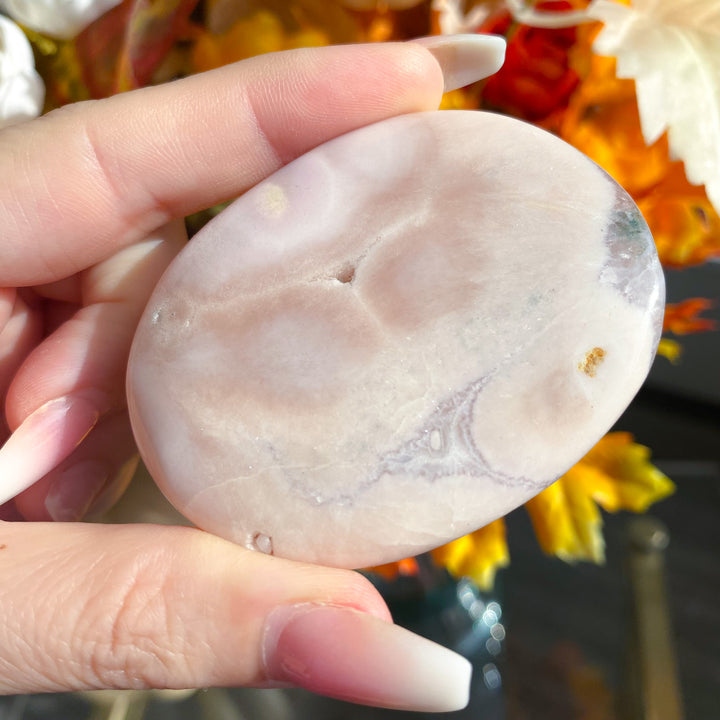Thin Pink Amethyst Palm Stone with Druzy 
