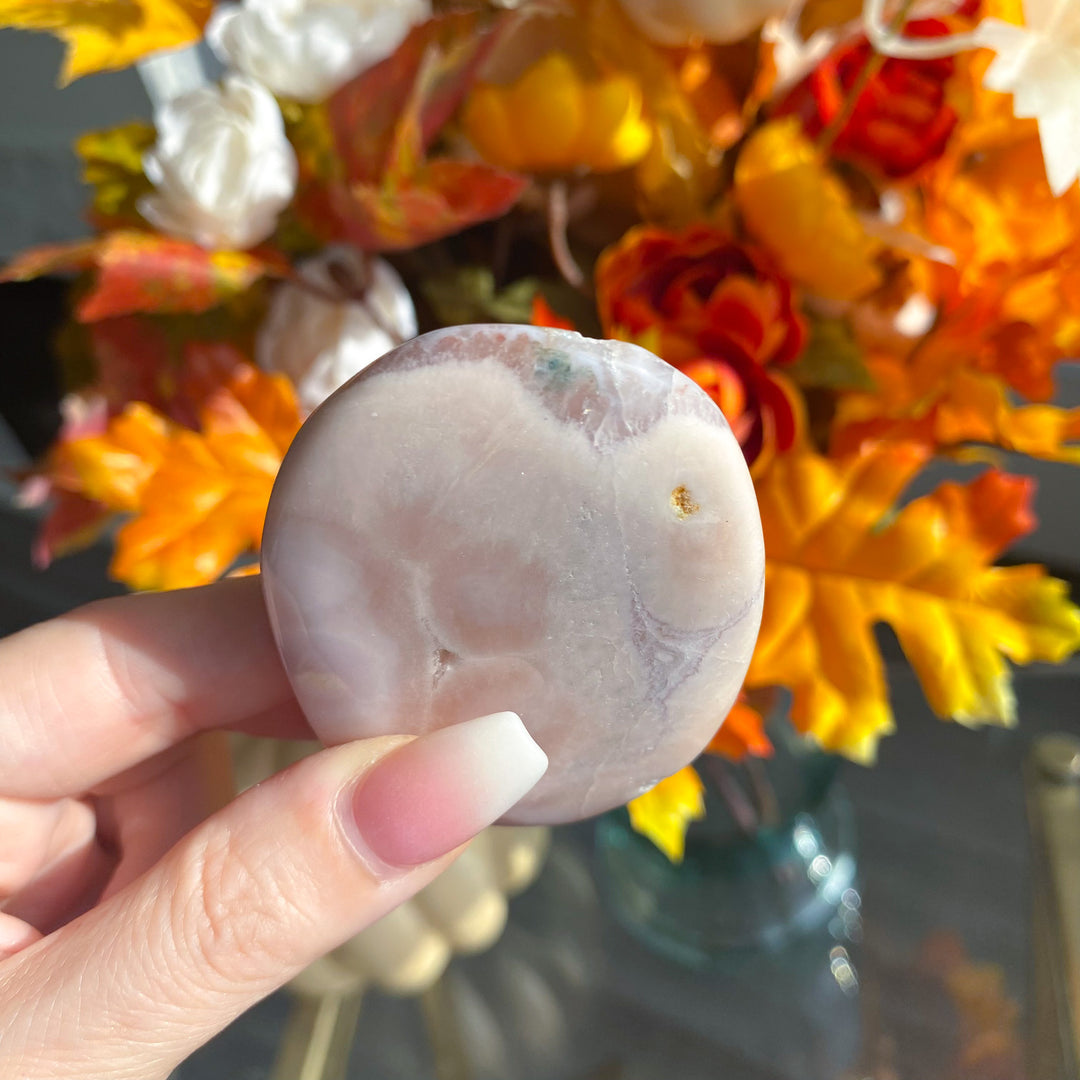 Thin Pink Amethyst Palm Stone with Druzy 