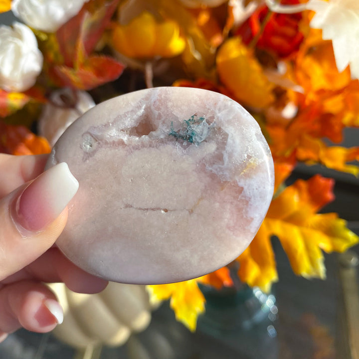 Thin Pink Amethyst Palm Stone with Druzy 