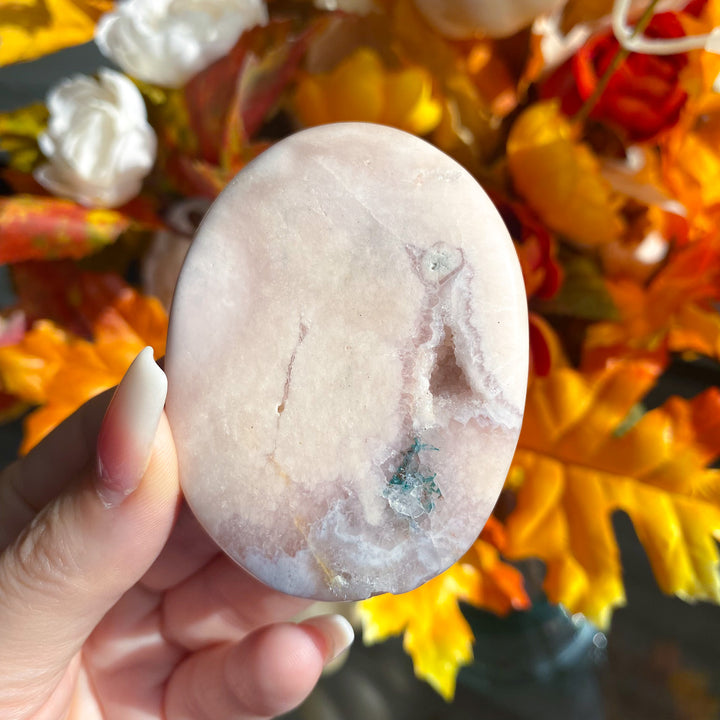 Thin Pink Amethyst Palm Stone with Druzy 