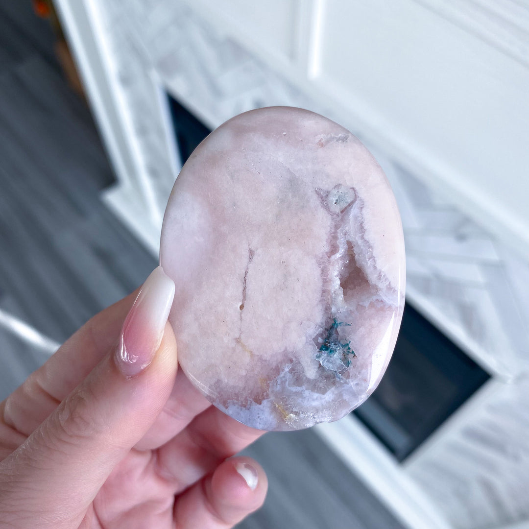 Thin Pink Amethyst Palm Stone with Druzy 