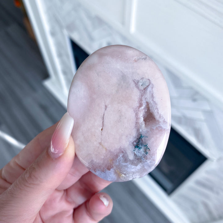 Thin Pink Amethyst Palm Stone with Druzy 