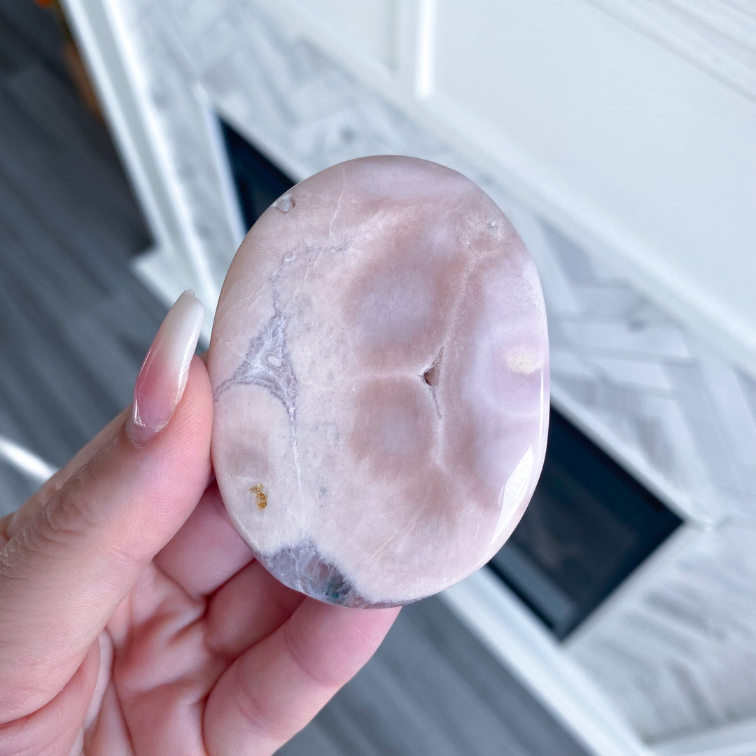Thin Pink Amethyst Palm Stone with Druzy 