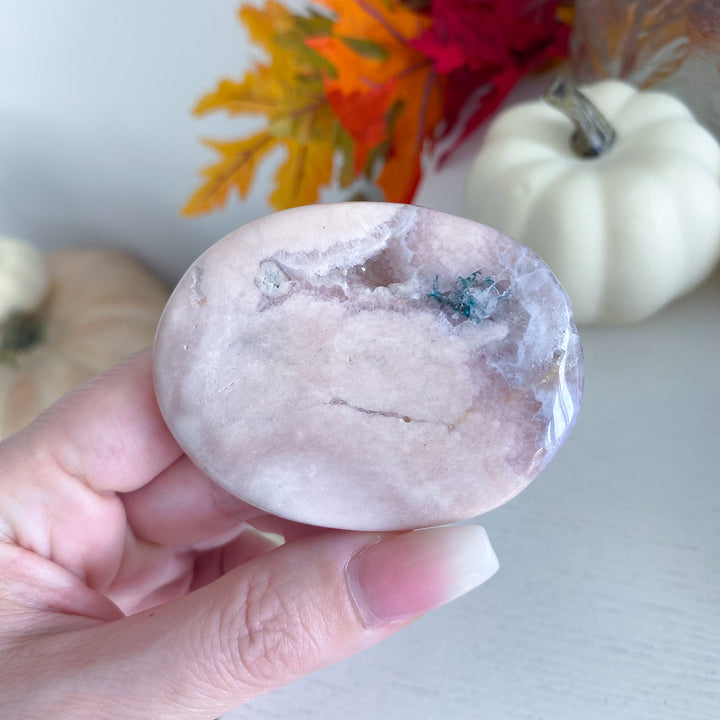 Thin Pink Amethyst Palm Stone with Druzy 