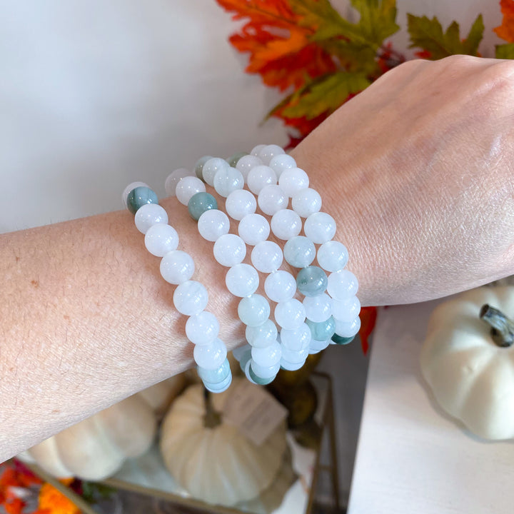 Green and White Jade 8mm Bracelet