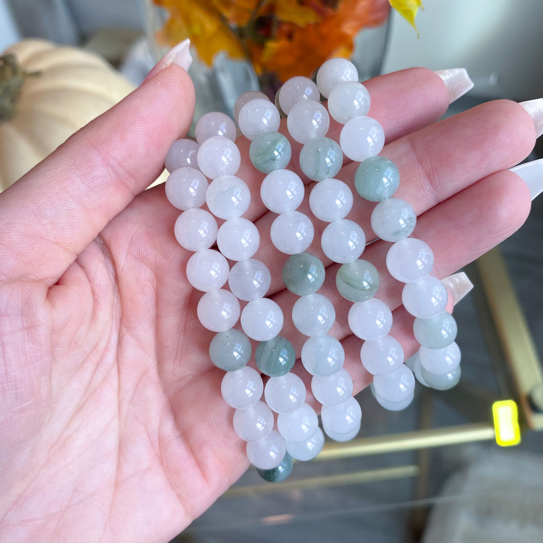Green and White Jade 8mm Bracelet