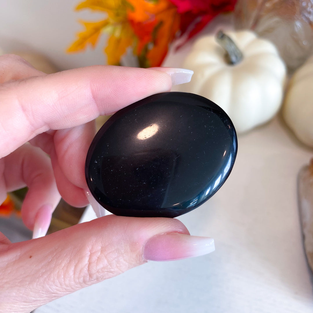 Flat Black Obsidian Palm Stone