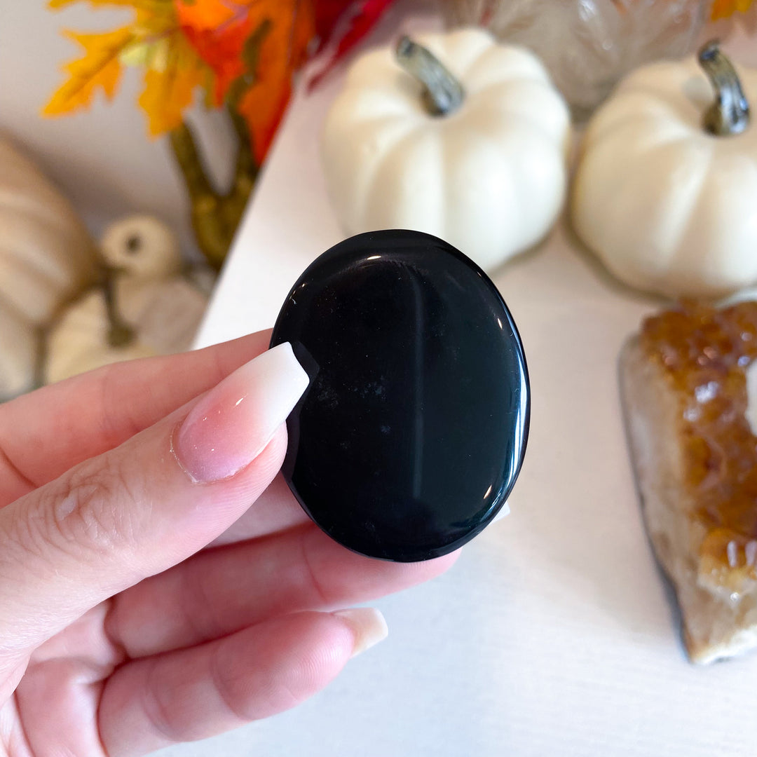 Flat Black Obsidian Palm Stone