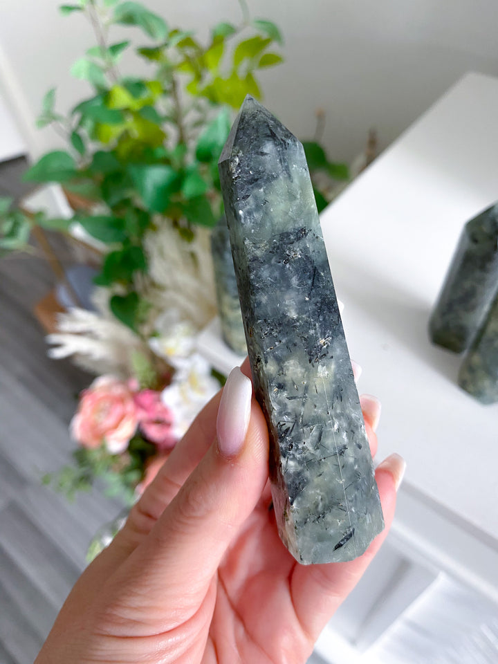 Dark Prehnite with Epidote Tower - 3"
