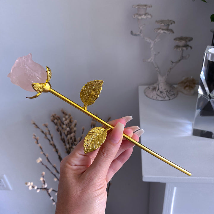 Rose Quartz Rose on Golden Stem