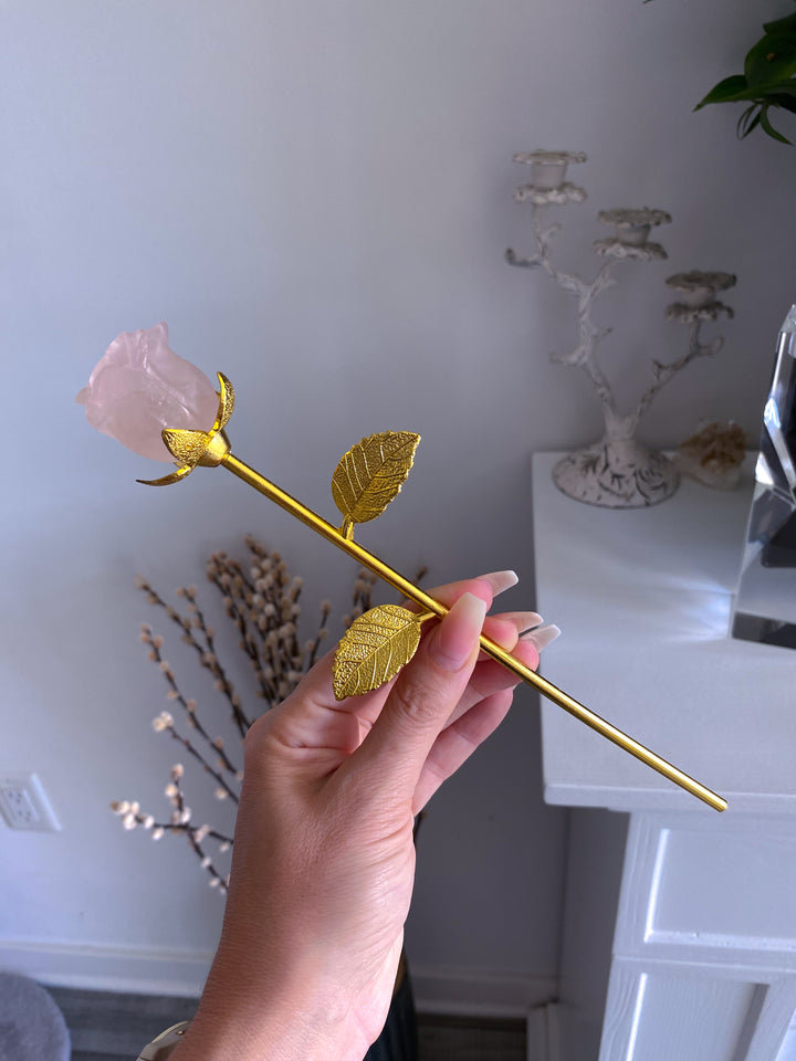 Rose Quartz Rose on Golden Stem