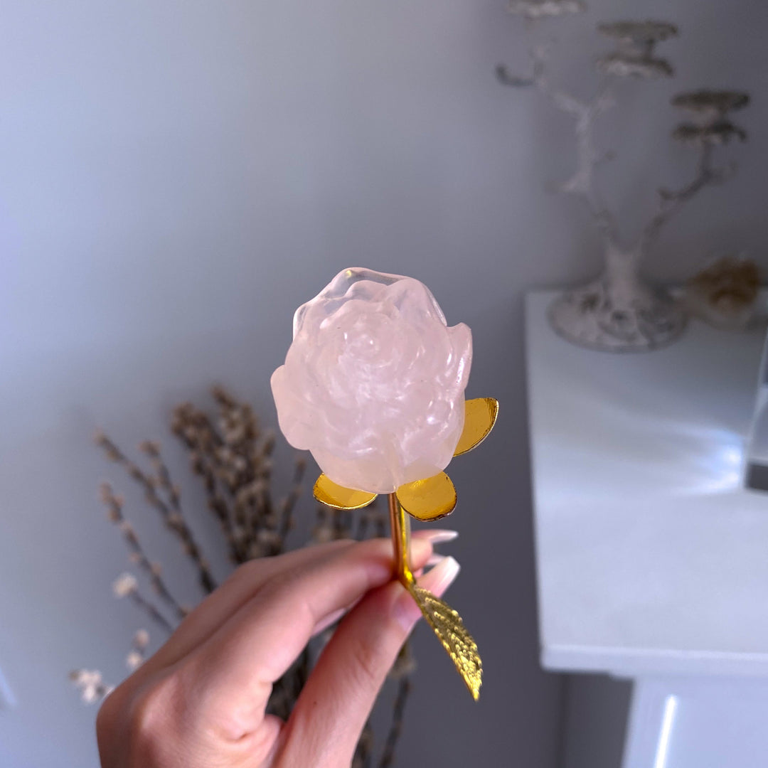 Rose Quartz Rose on Golden Stem