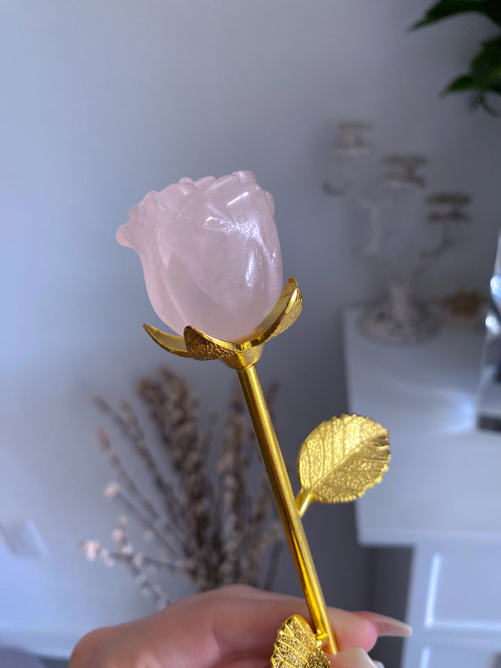 Rose Quartz Rose on Golden Stem
