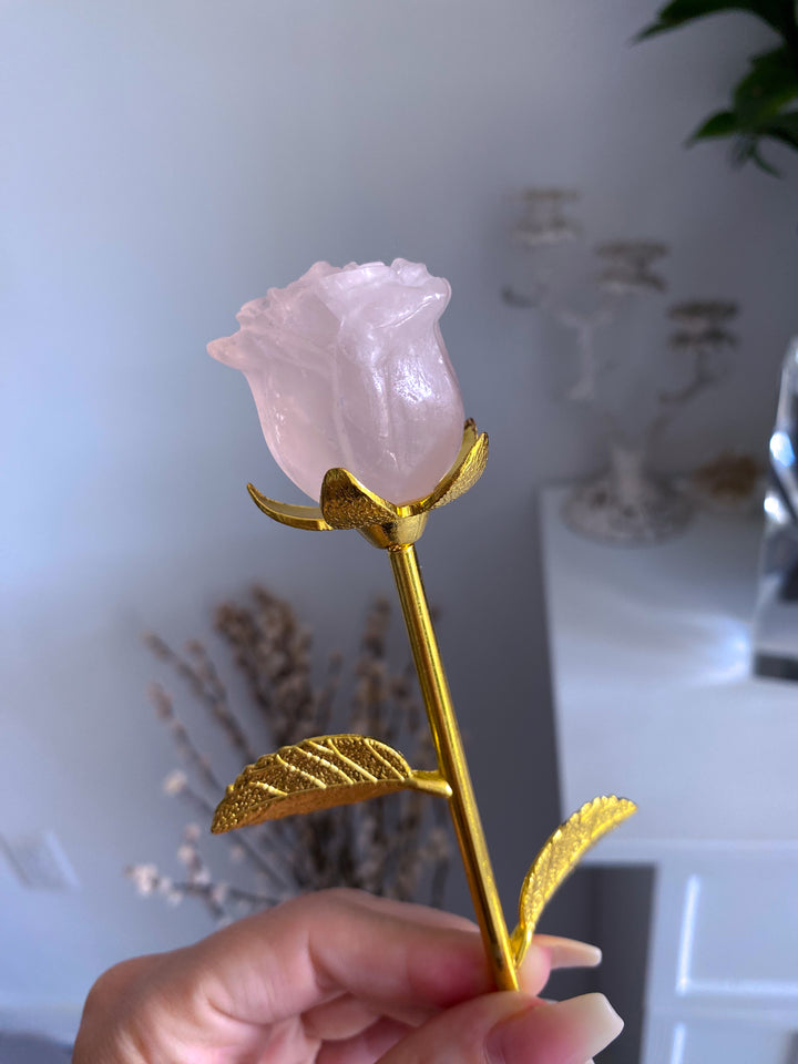Rose Quartz Rose on Golden Stem