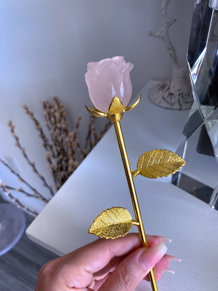 Rose Quartz Rose on Golden Stem