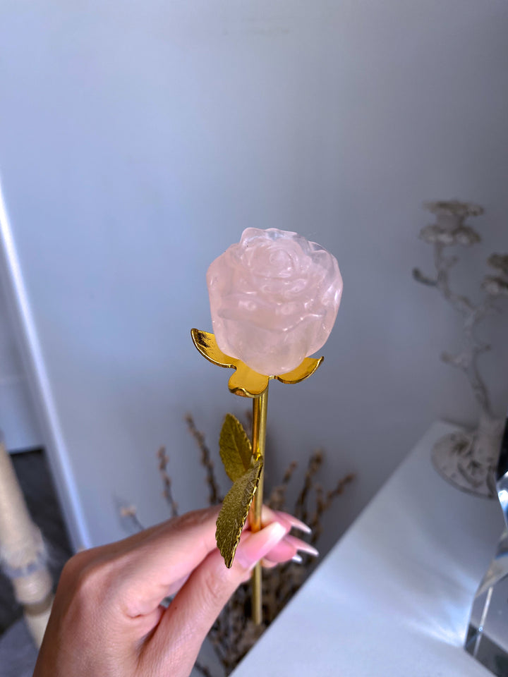 Rose Quartz Rose on Golden Stem