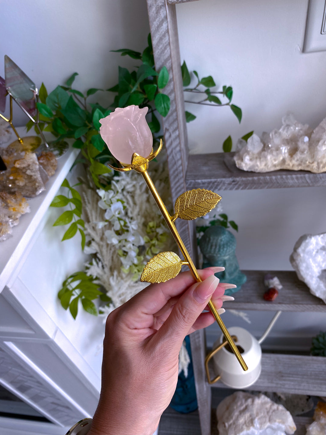 Rose Quartz Rose on Golden Stem