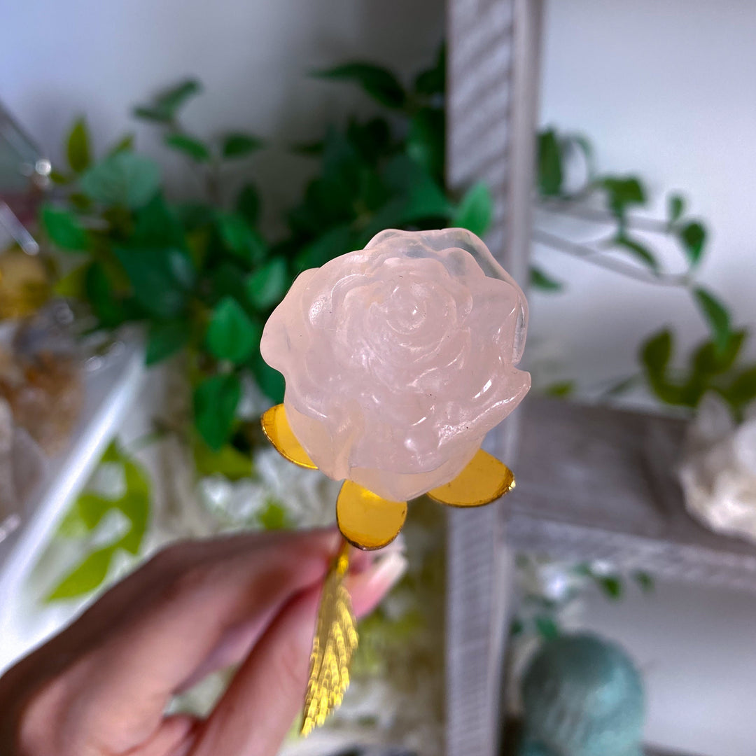 Rose Quartz Rose on Golden Stem