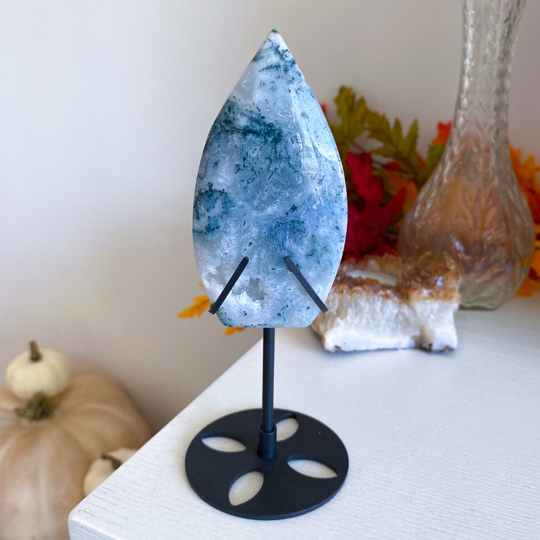 Moss Agate Flame on Stand 