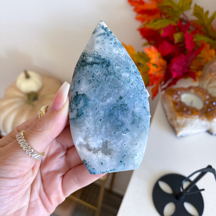 Moss Agate Flame on Stand 