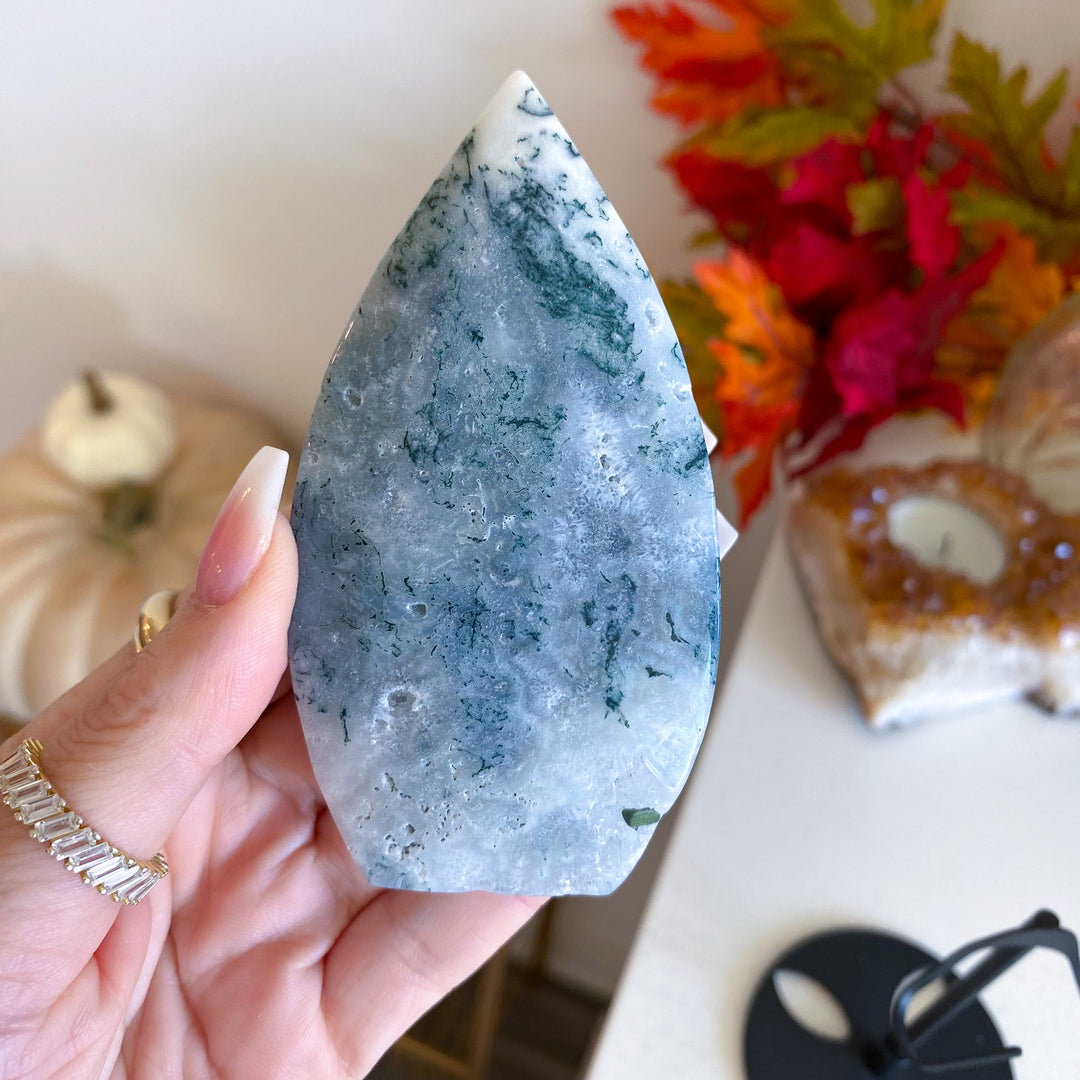 Moss Agate Flame on Stand 
