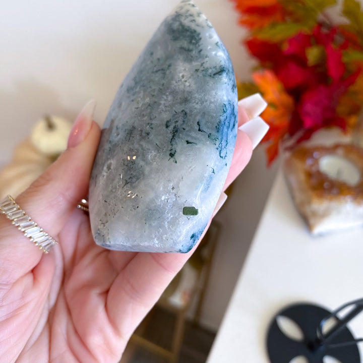 Moss Agate Flame on Stand 