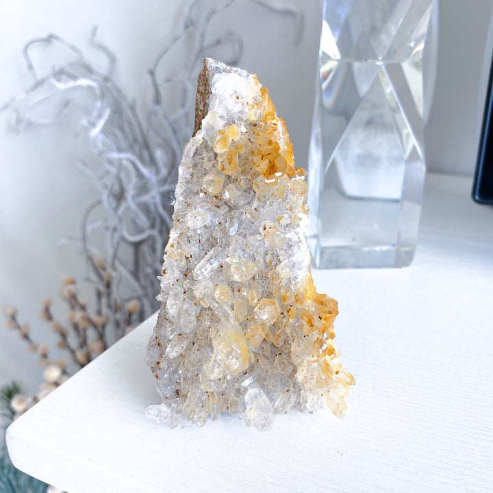 Standing Iron Coated Quartz with Siderite Cluster #1
