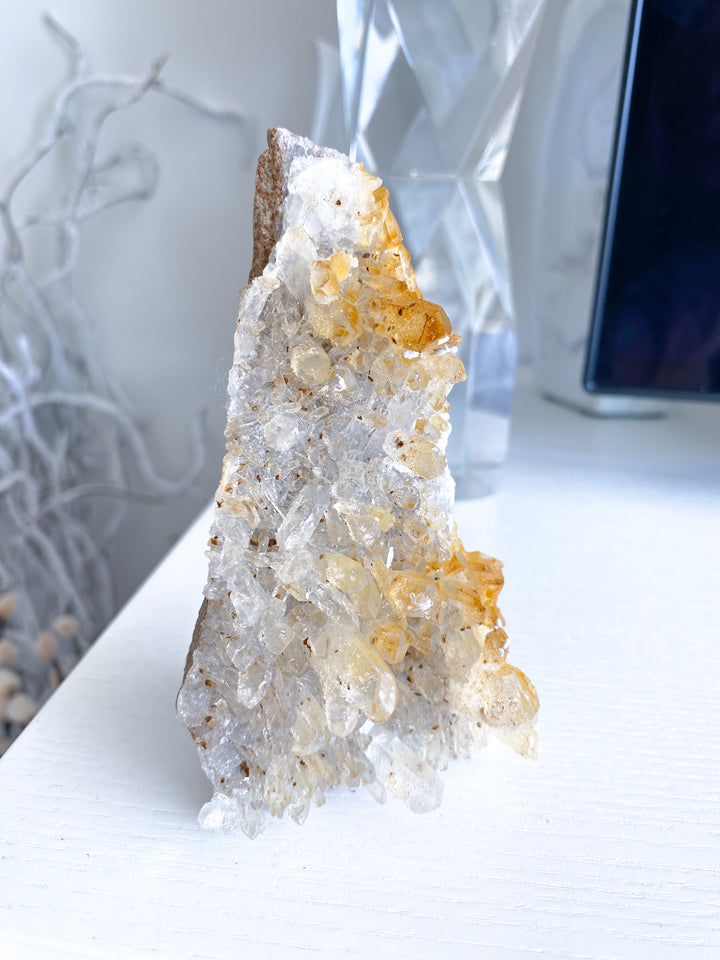 Standing Iron Coated Quartz with Siderite Cluster #1