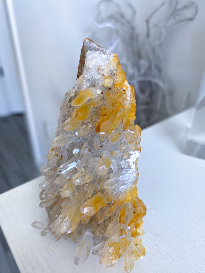 Standing Iron Coated Quartz with Siderite Cluster #1