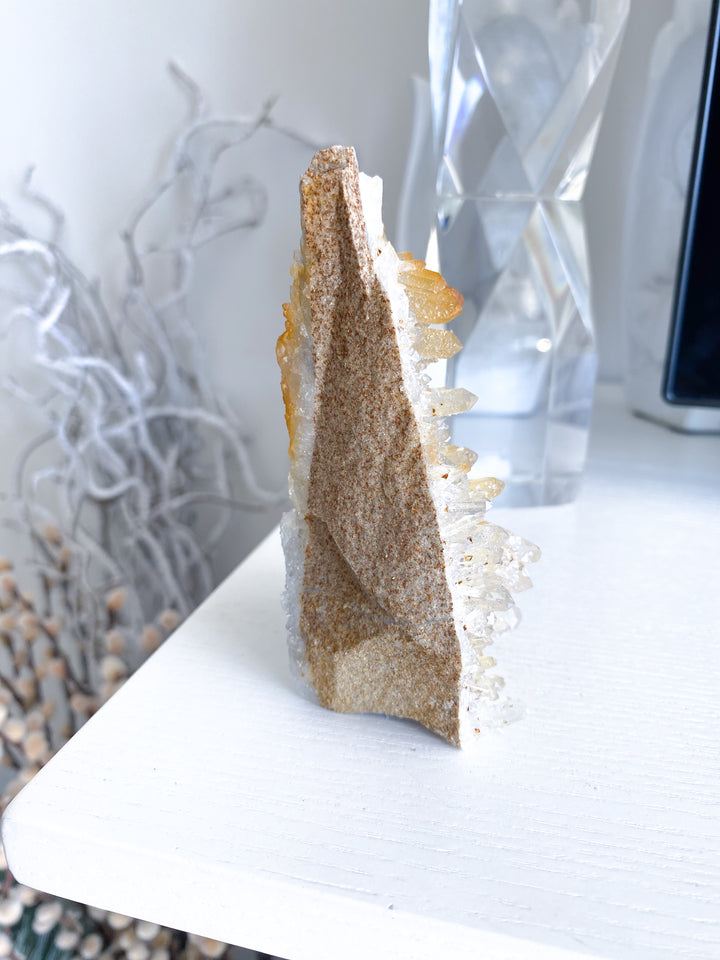Standing Iron Coated Quartz with Siderite Cluster #1