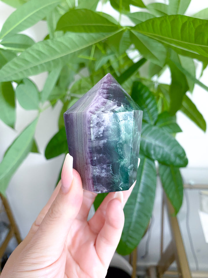 Polished Rainbow Fluorite with Agate Inclusion Point #1