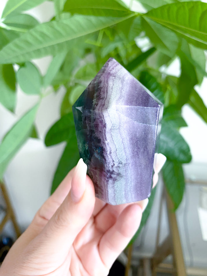 Polished Rainbow Fluorite with Agate Inclusion Point #1