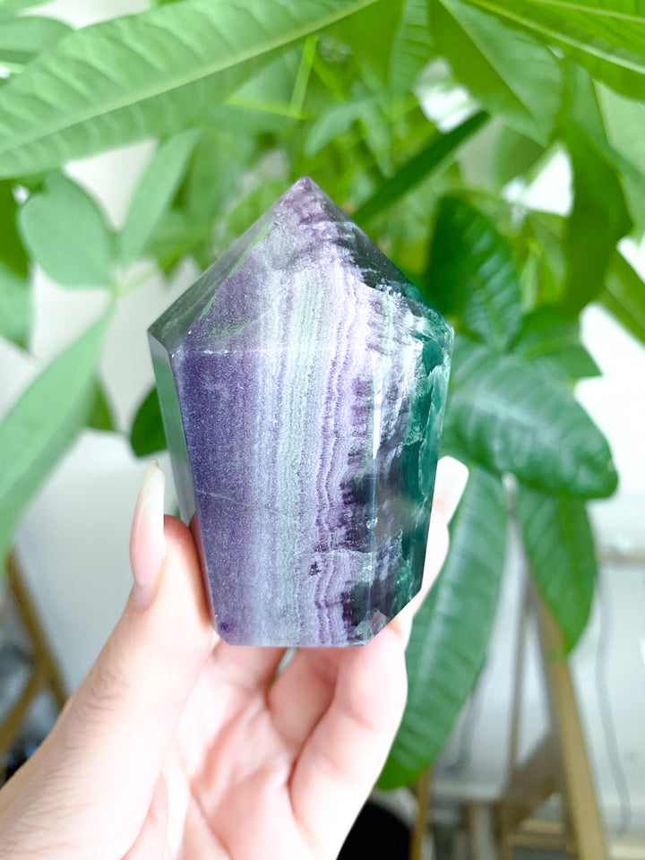 Polished Rainbow Fluorite with Agate Inclusion Point #1