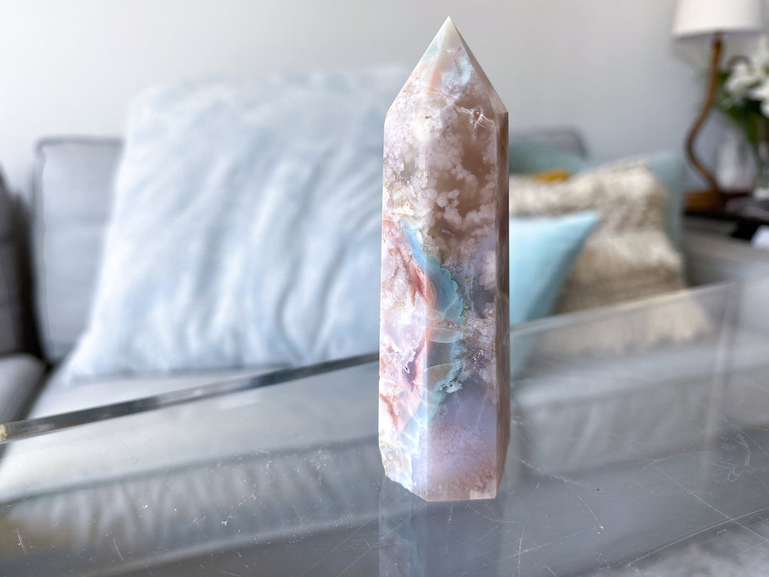 Green, Pink Flower Agate Tower - Get Exact Item