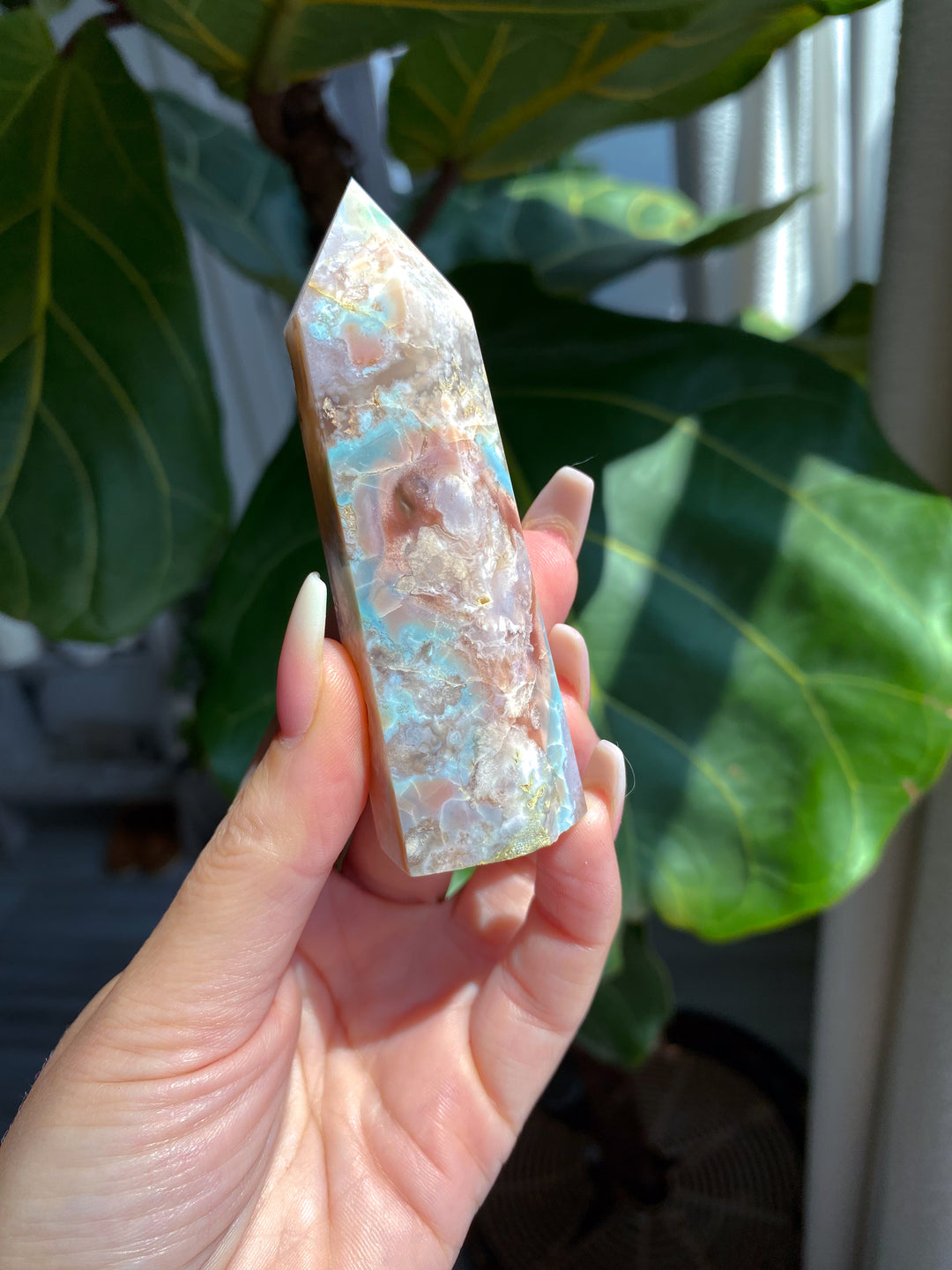 Green, Pink Flower Agate Tower - Get Exact Item