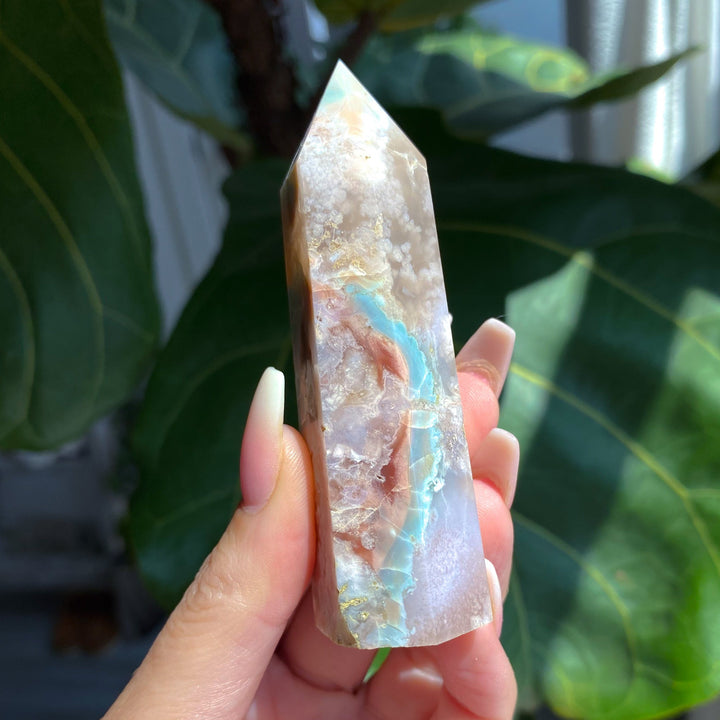 Green, Pink Flower Agate Tower - Get Exact Item