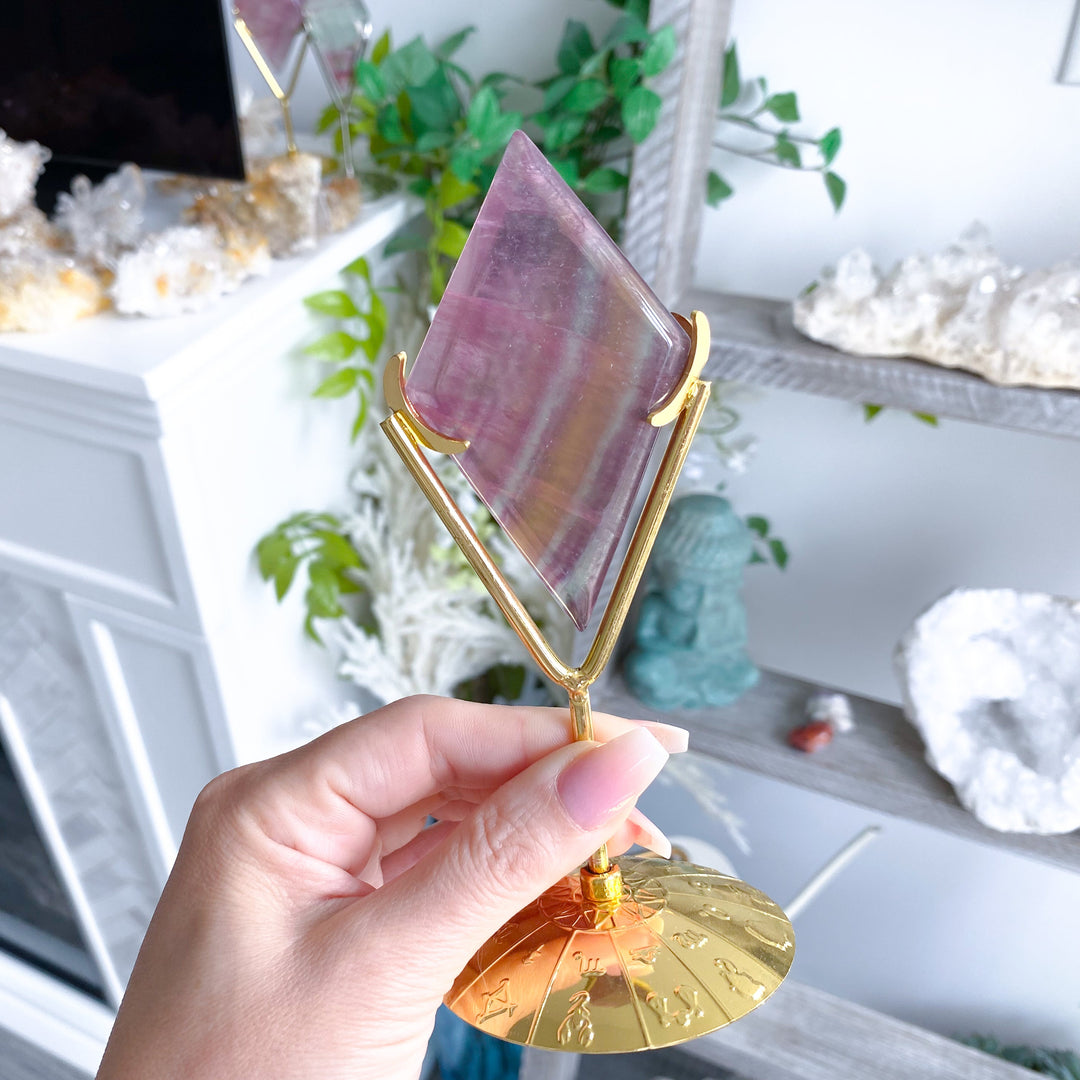 Pastel Yellow, Purple, Green Rainbow Fluorite Diamond on Stand #1