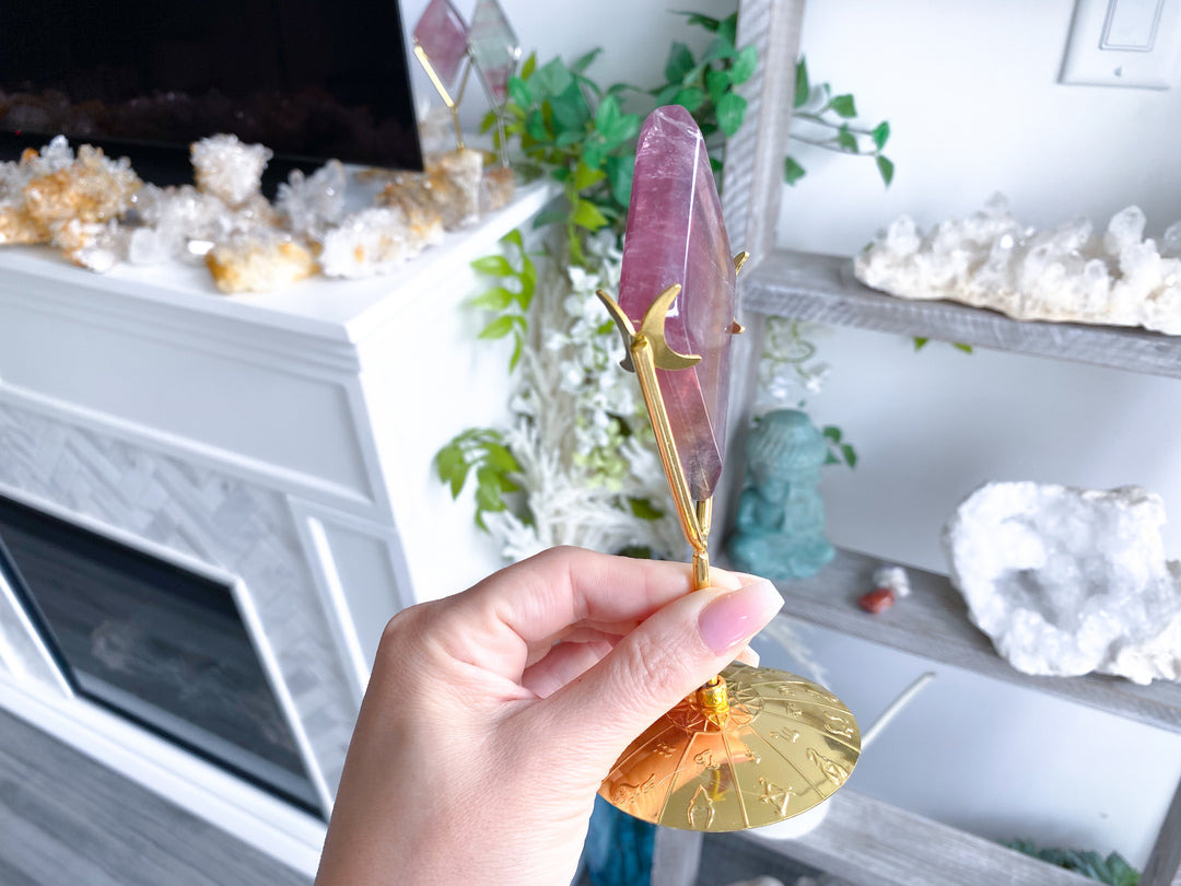 Pastel Yellow, Purple, Green Rainbow Fluorite Diamond on Stand #1