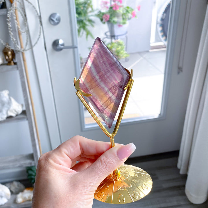 Pastel Yellow, Purple, Green Rainbow Fluorite Diamond on Stand #1