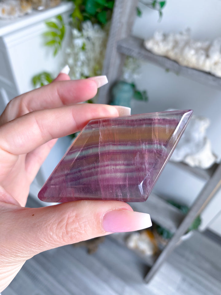 Pastel Yellow, Purple, Green Rainbow Fluorite Diamond on Stand #1
