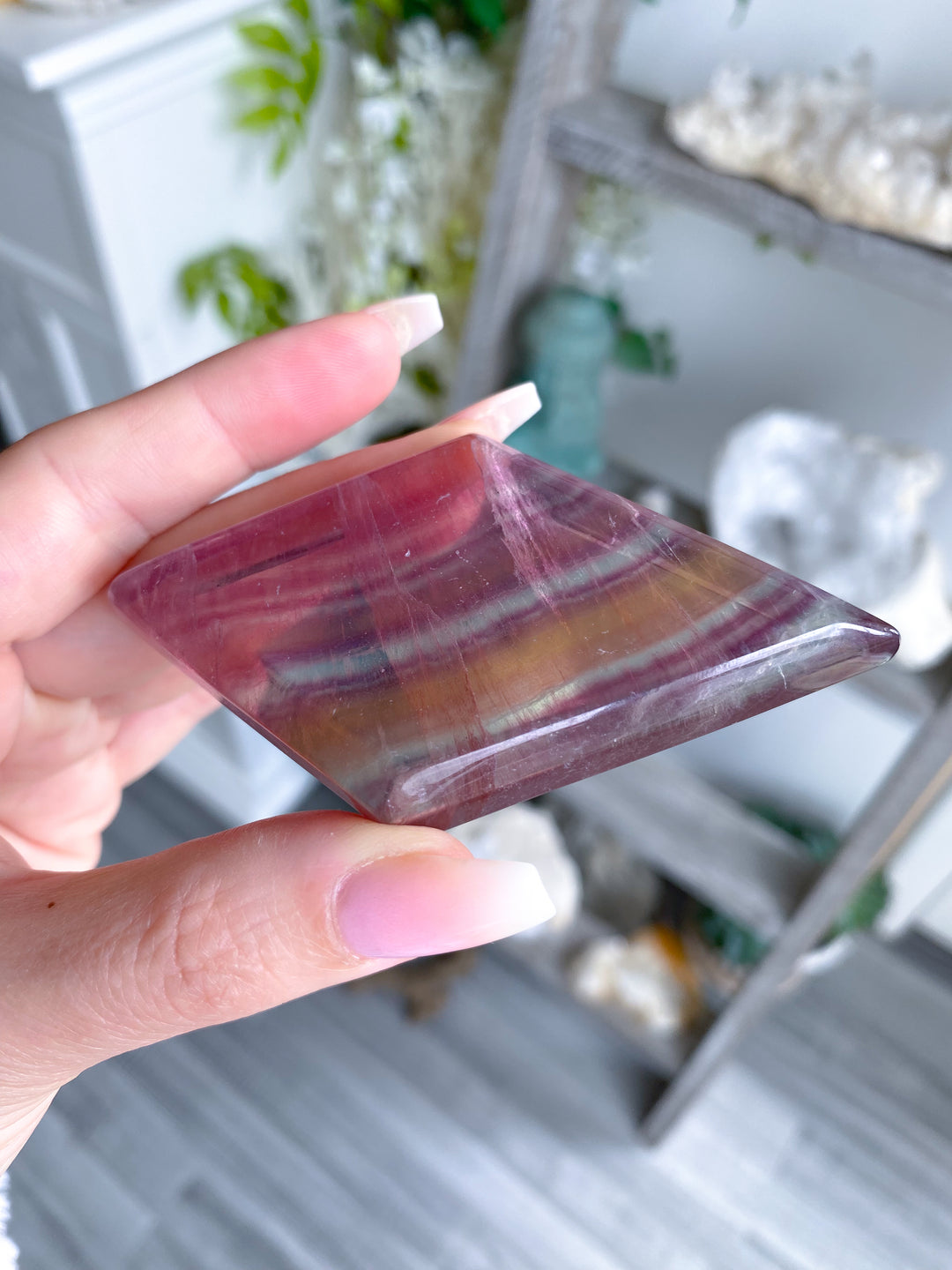 Pastel Yellow, Purple, Green Rainbow Fluorite Diamond on Stand #1