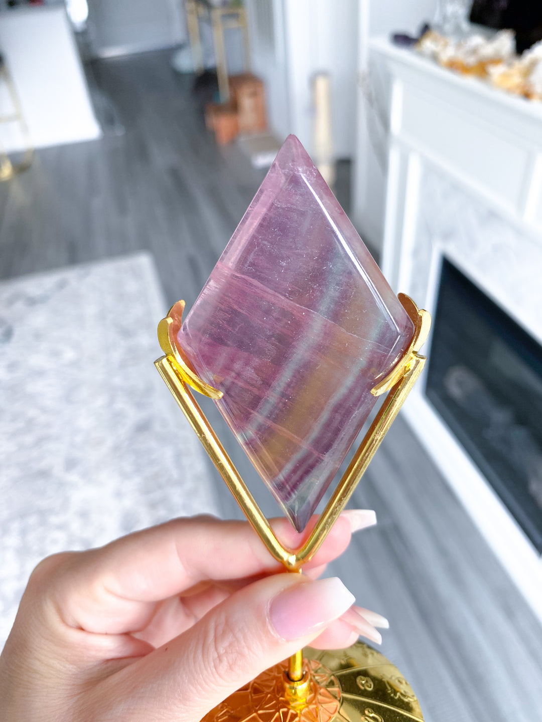 Pastel Yellow, Purple, Green Rainbow Fluorite Diamond on Stand #1