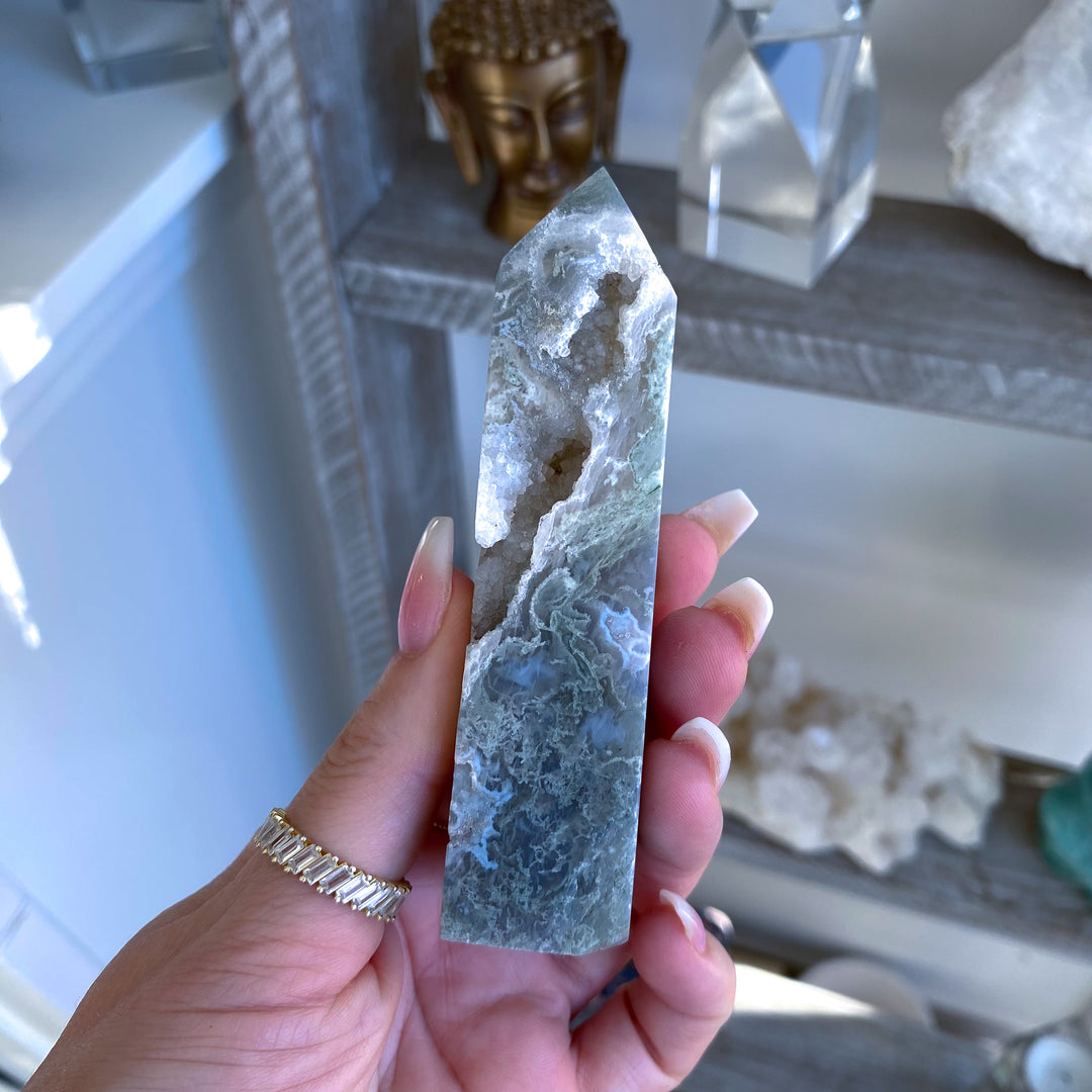 Druzy Moss Agate Tower 