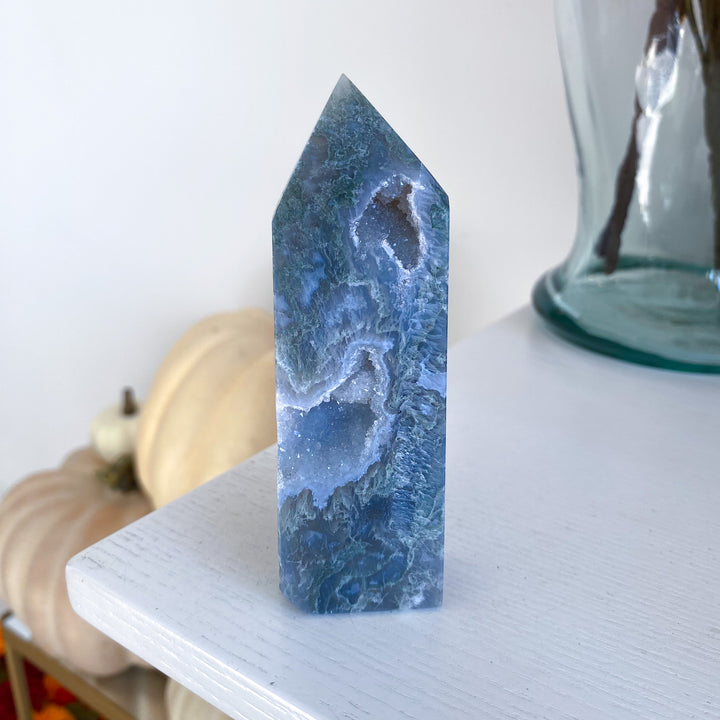 Pale Green Druzy Moss Agate Tower 