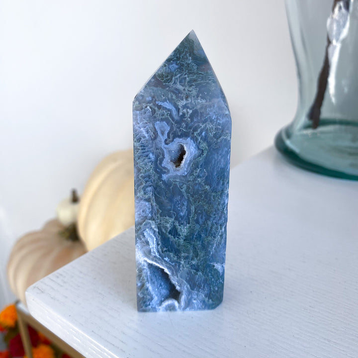 Pale Green Druzy Moss Agate Tower 