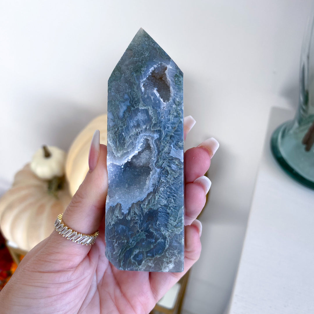 Pale Green Druzy Moss Agate Tower 